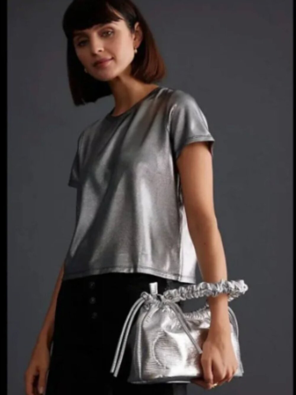 Porridge Anthropologie Women’s Size Medium Petite Shine Glam Tee Metallic Silver